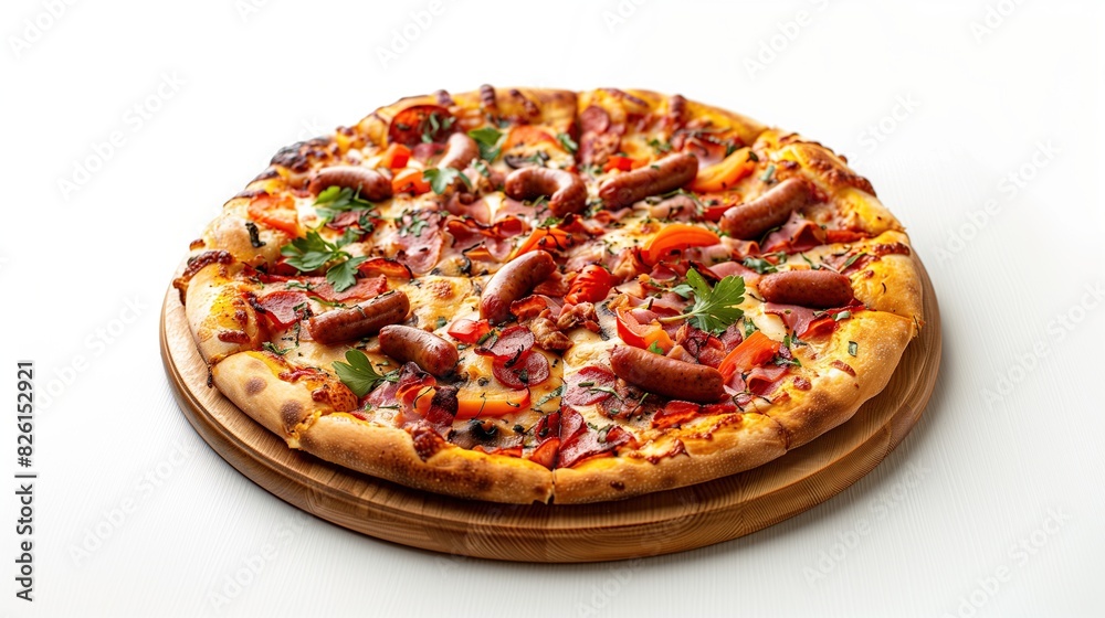 Delicious pizza with salami, sausages, mozzarella and tomato sauce, isolated on white background