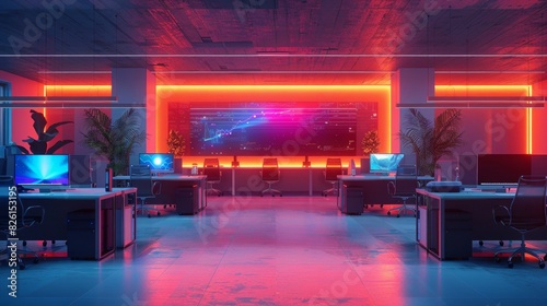 A neon colored office with a large monitor on the wall