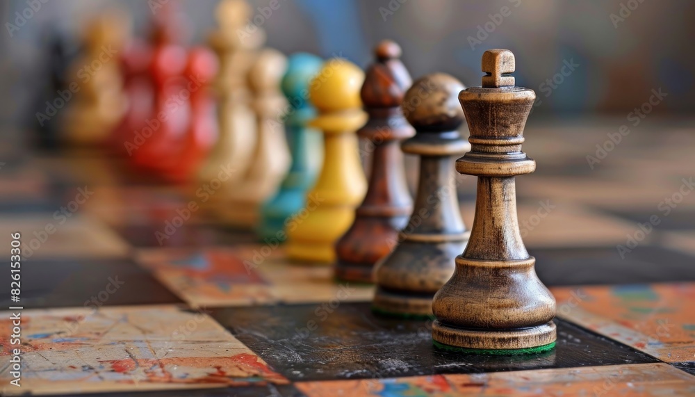 The image shows a chessboard with colorful chess pieces The image shows a chessboard with colorful chess pieces