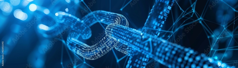 The image shows a glowing blue chain link, which is a symbol of blockchain technology.