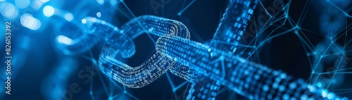The image shows a glowing blue chain link, which is a symbol of blockchain technology. photo