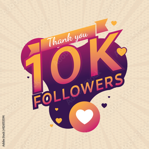 Thank you 10k followers congratulation banner and card. 10k followers label badge with Pink, Purple and orange color theme. EPS 10 editable file.