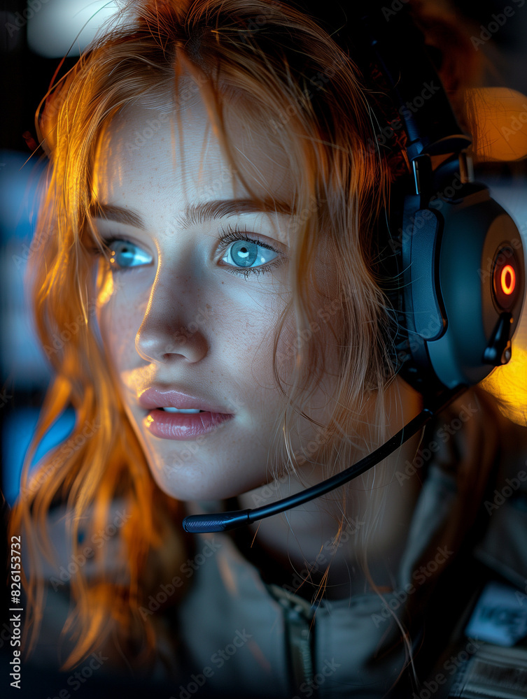 Focused Young Woman with Headset in Office Focused Young Woman with Headset in Office