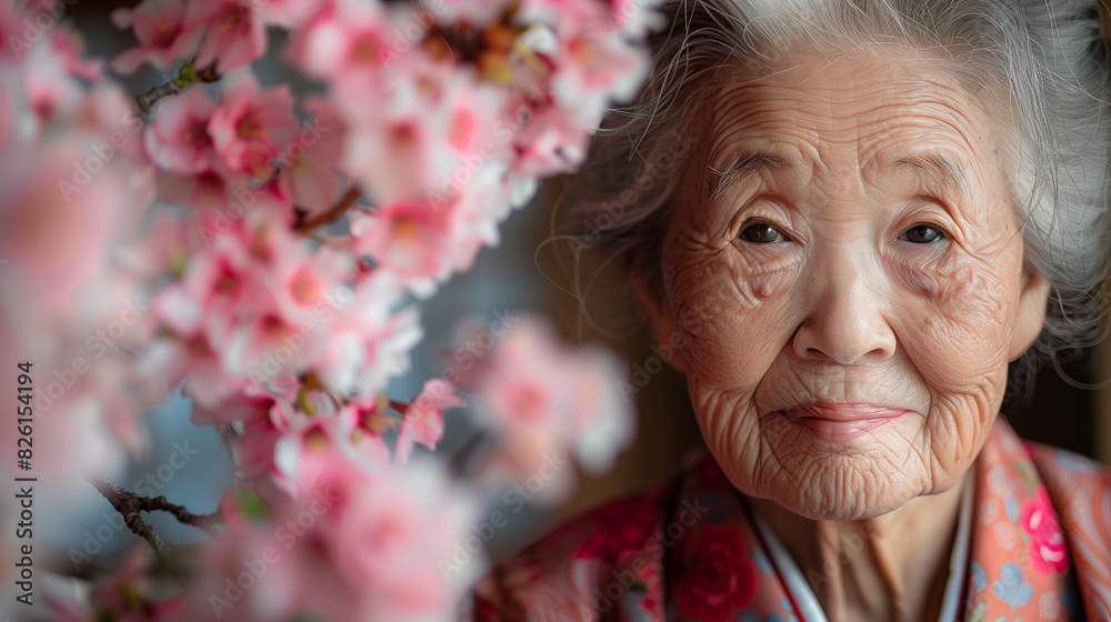 Fototapeta premium An elderly Asian woman, wearing traditional attire, smiles gently as she is surrounded by blooming cherry blossoms. Her serene expression and the vibrant flowers create a peaceful and timeless scene
