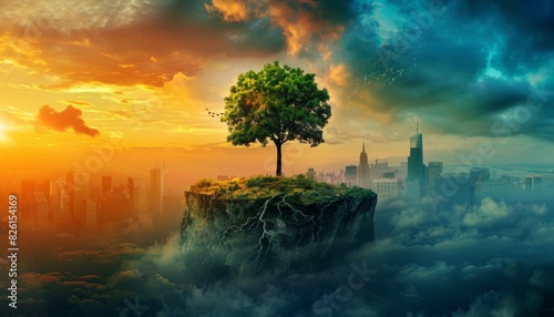 The image shows a tree growing on a floating island in the sky