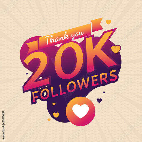 Thank you 20k followers congratulation banner and card. 20k followers label badge with Pink, Purple and orange color theme. EPS 10 editable file.