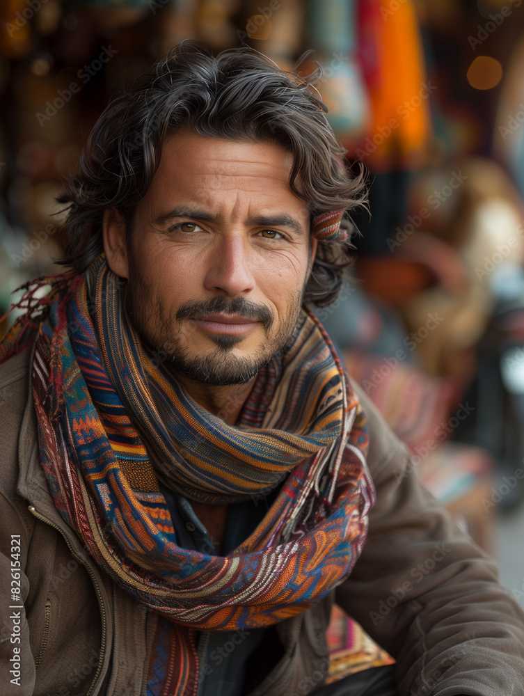 A Middle Eastern man in his forties is captured in a medium shot, wearing a colorful patterned scarf. He exudes a sense of calm confidence with a slight smile A Middle Eastern man in his forties is captured in a medium shot, wearing a colorful patterned scarf. He exudes a sense of calm confidence with a slight smile