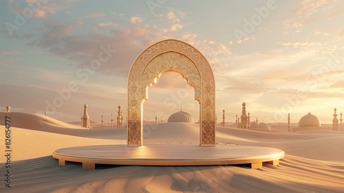 A golden archway stands in the middle of a desert, surrounded by buildings