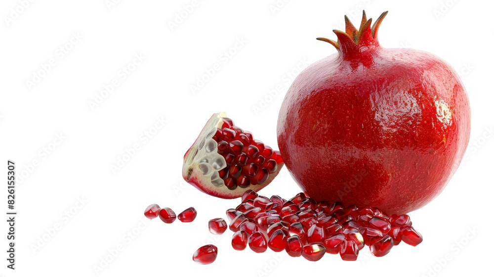 A pomegranate sliced in half with its red seeds exposed, next to a whole ripe pomegranate on a surface A pomegranate sliced in half with its red seeds exposed, next to a whole ripe pomegranate on a surface