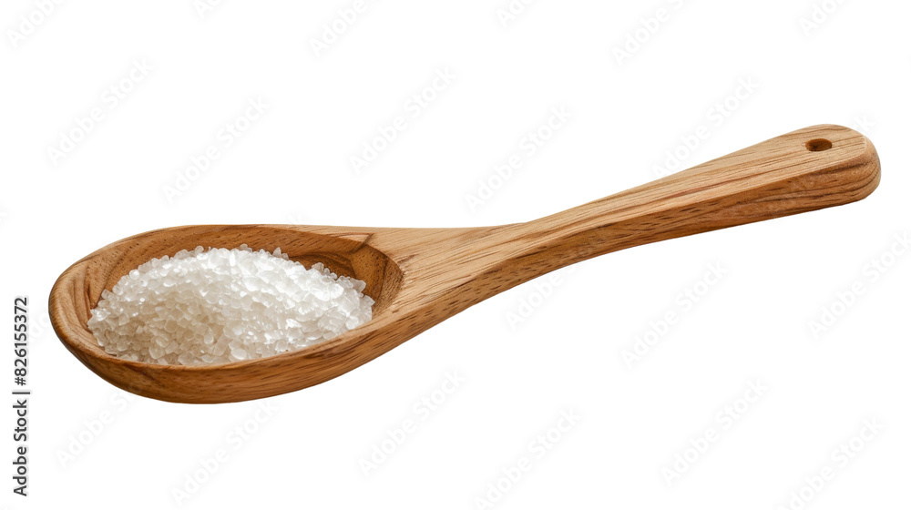 A wooden spoon filled with sugar is placed on top of a white background A wooden spoon filled with sugar is placed on top of a white background