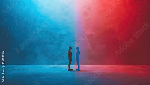 Red and Blue Figures Facing Each Other in Minimalist Room