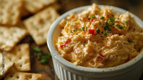 Creamy Egg Salad in Bowl with Crackers on Wooden Table