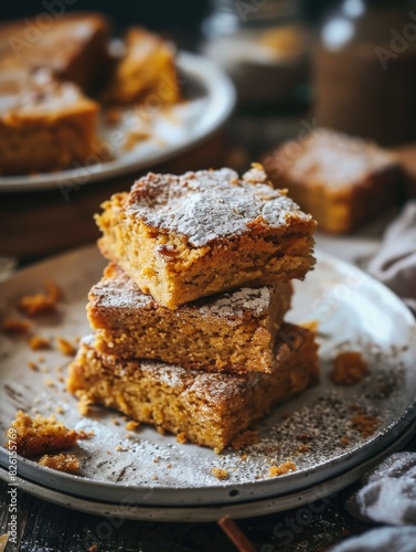 Gourmet Homemade Pumpkin Cake Squares with Powdered Sugar Dusting