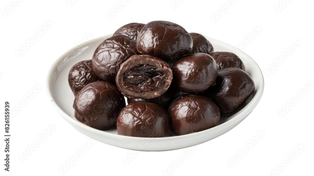 A white bowl brimming with chocolate covered raisins, creating a tempting and indulgent snack A white bowl brimming with chocolate covered raisins, creating a tempting and indulgent snack