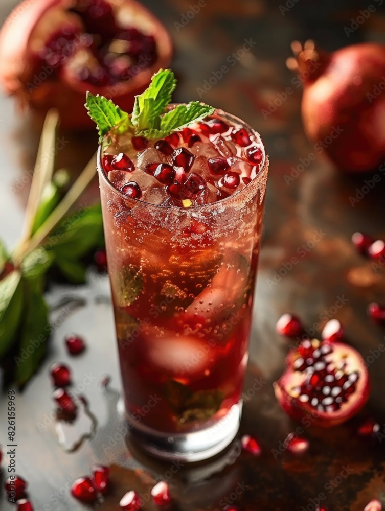Refreshing Pomegranate Mint Cocktail on Rustic Table Refreshing Pomegranate Mint Cocktail on Rustic Table