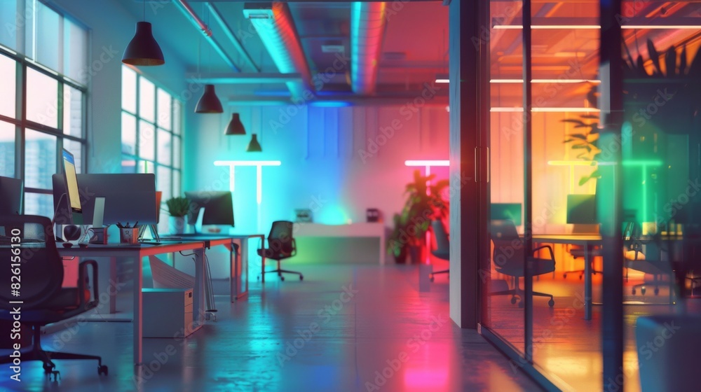 A brightly lit office with neon lights and colorful walls