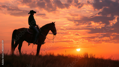 Silhouette of cowboy on horseback against sunset sky background
