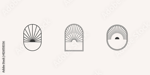 Sun and sea emblem. Set of 3 geometric shape. Modern handdraw design symbol. Sunset logo in rounded frame. photo