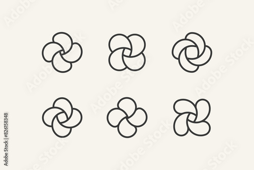 Flower design element with spiral. Set of 6 geometric shape with swirl element. Modern linear design emblem of bloom.