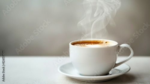 A white coffee cup with steam rising from it sits on a white saucer