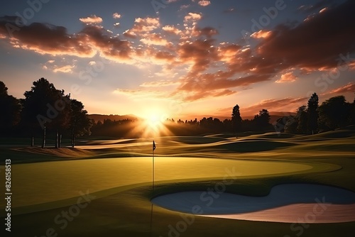 Beautiful sunset on a golf course. 3d render illustration.