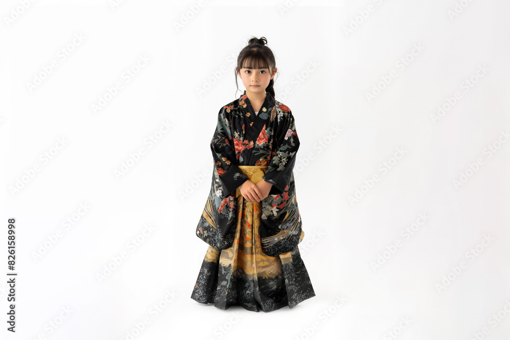 A young Asian girl in a traditional Japanese kimono with intricate patterns, standing against a plain background.
