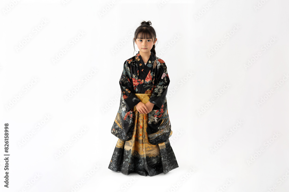 A young Asian girl in a traditional Japanese kimono with intricate patterns, standing against a plain background. A young Asian girl in a traditional Japanese kimono with intricate patterns, standing against a plain background.