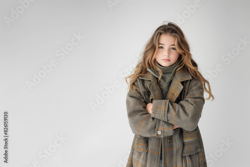 A young girl with long wavy hair and a serious expression, wearing a checked coat, standing against a plain background.