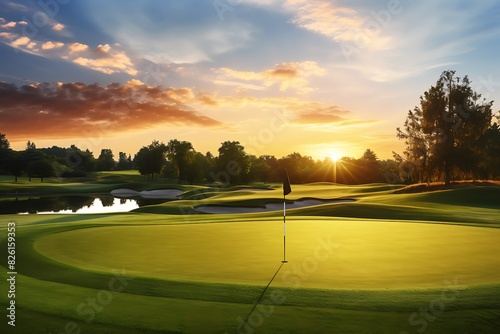 Beautiful sunset on a golf course. 3d render illustration.
