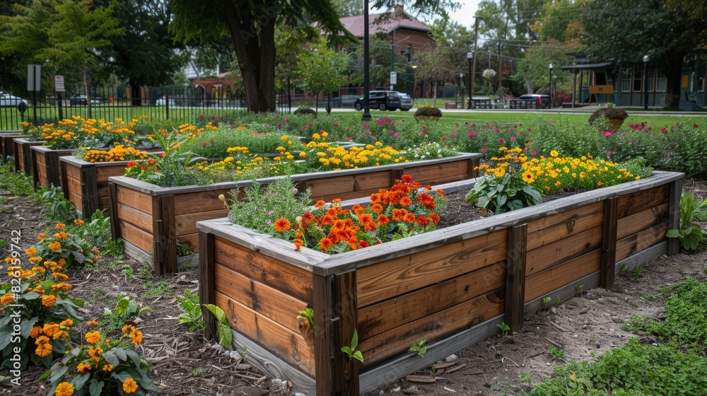 © Aliaksandra - urban community garden, raised bed community garden brightened by colorful flowers cultivates fresh produce, fostering sustainability and community involvement © Aliaksandra - urban community garden, raised bed community garden brightened by colorful flowers cultivates fresh produce, fostering sustainability and community involvement