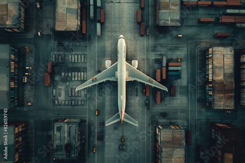 Top view of the airplane on the airport runway. Logistic transportation concept. photo
