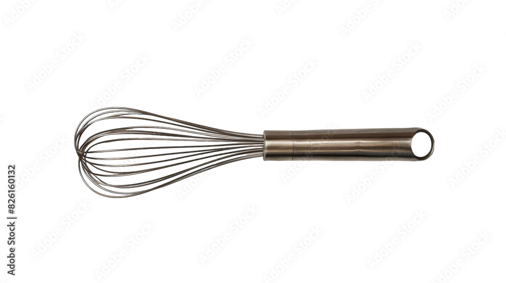 A metal whisk placed on a plain white surface, ready for use in mixing ingredients for cooking or baking A metal whisk placed on a plain white surface, ready for use in mixing ingredients for cooking or baking