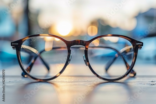 Vintage glasses resting on a blurred background, reflecting a sunset, evoking nostalgia and contemplation, captured with a soft focus and warm tones, conveying a serene and reflective mood