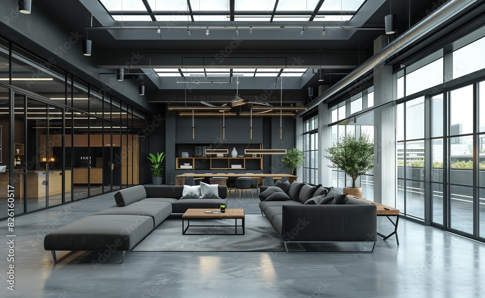 Expansive loft featuring an open design, sleek furnishings, and ample natural light from large windows and skylights, creating a stylish urban living space. Expansive loft featuring an open design, sleek furnishings, and ample natural light from large windows and skylights, creating a stylish urban living space.