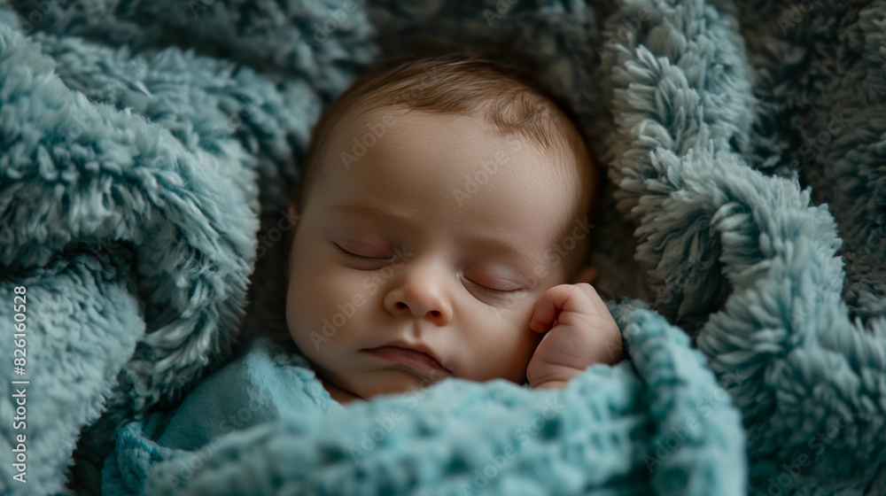 A peaceful baby sleeps deeply, wrapped in a textured blue blanket, with a calming vibe A peaceful baby sleeps deeply, wrapped in a textured blue blanket, with a calming vibe