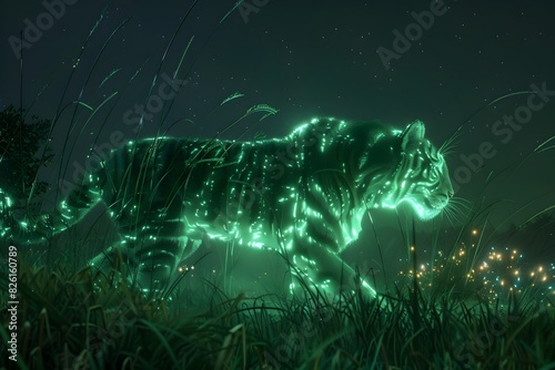 A glowing tiger is walking through a field of grass. The image has a dreamy, ethereal quality to it, with the tiger's green and glowing features creating a sense of wonder and magic