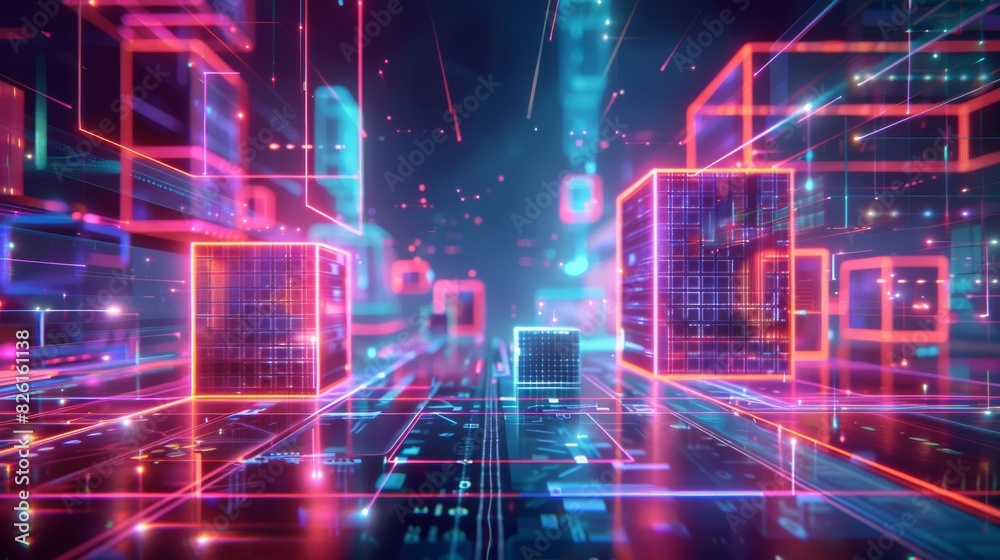 virtual augmented reality environment with neon light elements forming the digital landscape virtual augmented reality environment with neon light elements forming the digital landscape