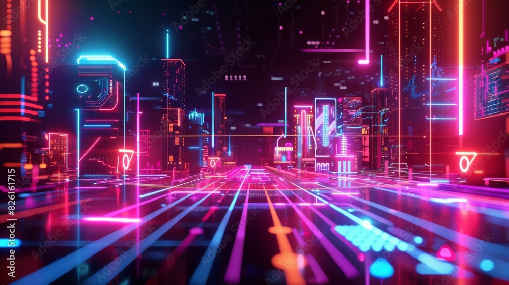 virtual augmented reality environment with neon light elements forming the digital landscape virtual augmented reality environment with neon light elements forming the digital landscape