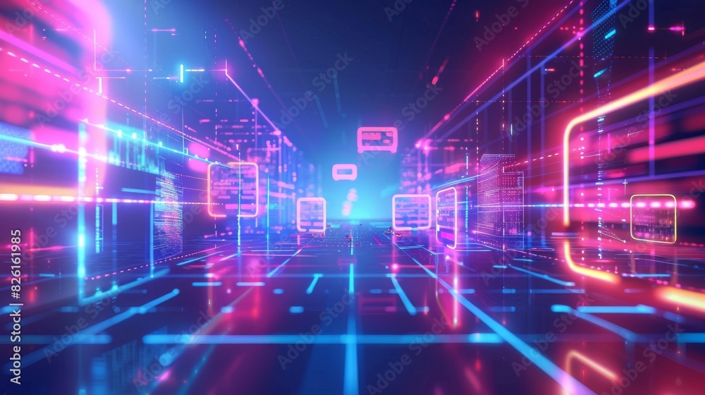 virtual augmented reality environment with neon light elements forming the digital landscape