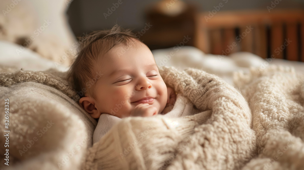 A baby sleeps soundly with a smile on its face, covered with soft blankets A baby sleeps soundly with a smile on its face, covered with soft blankets