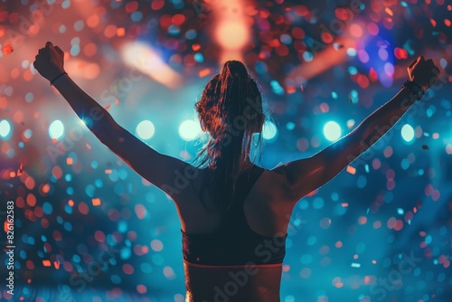 A woman celebrates victory with arms raised in a colorful, festive atmosphere, highlighting joy and accomplishment.