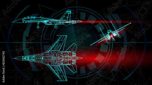 The sketch drafting of jet fighter. Line art background wallpaper.