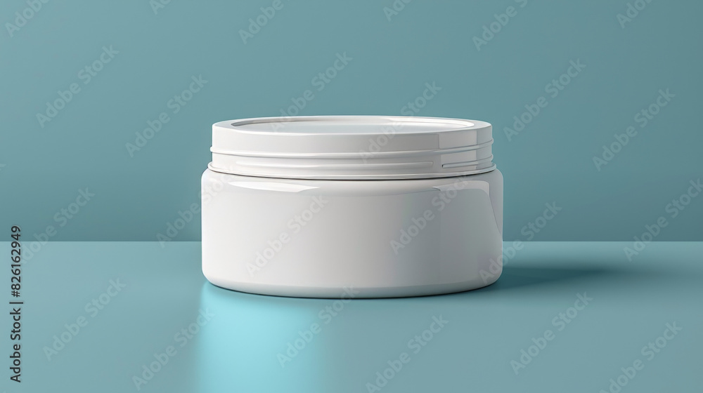 A white jar sits on a blue table A white jar sits on a blue table