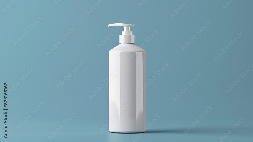 A white bottle of lotion sits on a blue surface A white bottle of lotion sits on a blue surface