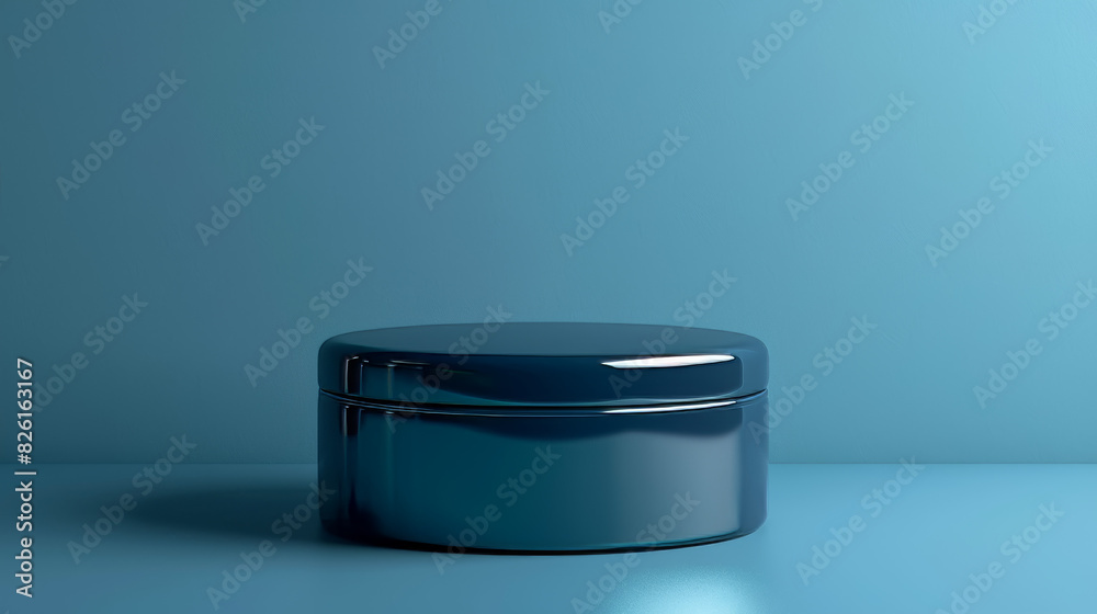 A shiny, metallic container sits on a blue surface
A shiny, metallic container sits on a blue surface