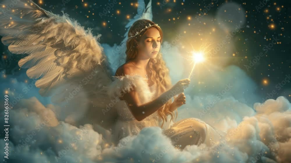 A very beautiful mailakt sits on a cloud and plays a firework. Virtual 4K video animation background with looping time lapse with very smooth graphics. A very beautiful mailakt sits on a cloud and plays a firework. Virtual 4K video animation background with looping time lapse with very smooth graphics.