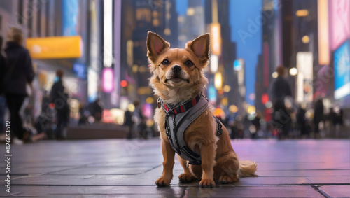 small brown chihuahua is sitting on the sidewalk in Times Square, New York City photo