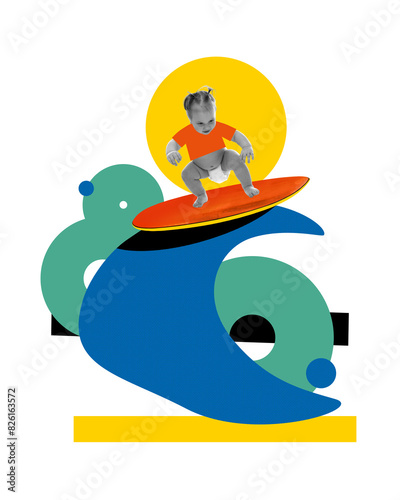 Canvas Print Little baby girl in diaper, toddler standing on abstract surfboard and surfing on light background with colorful elements
