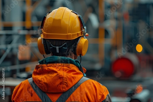 Worker in safety gear including helmet and ear protection at construction site. Focus on rear view, industrial background.