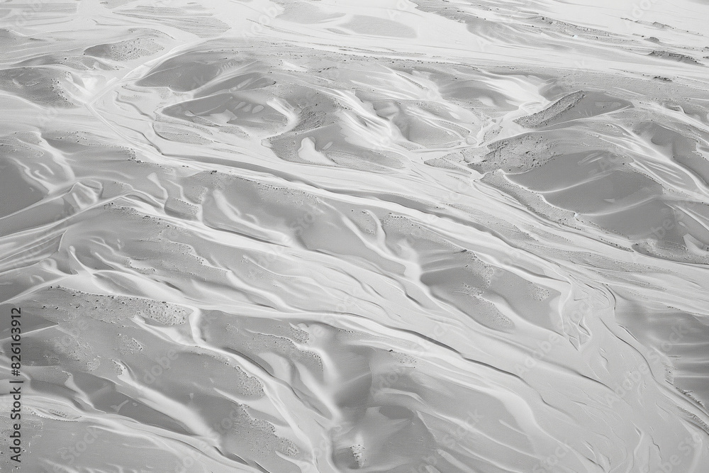 Obraz premium Aerial view of a monochrome tundra landscape, capturing the subtle textures and patterns created by the sparse vegetation and undulating terrain. 